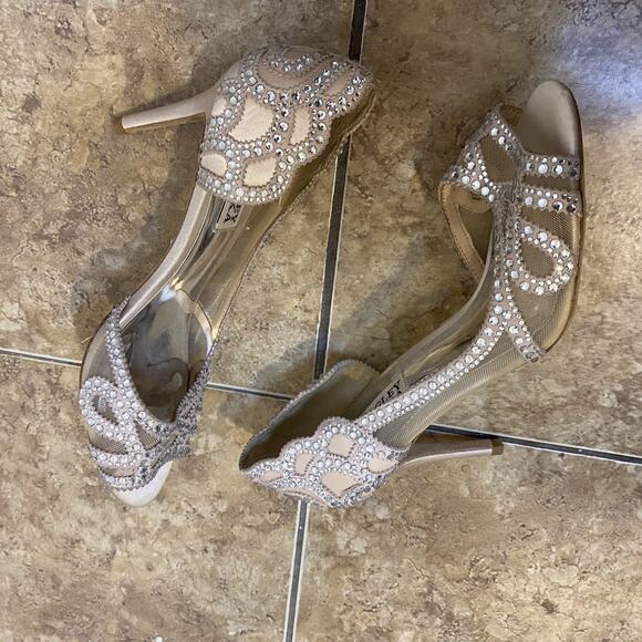 BHLDN Badgley Mischka Marla Peep Heels Embellished Nude Peep toe Pumps Size 6.5 - Picture 6 of 9